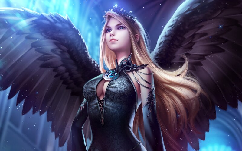 Angel with Black Wings — Blue, Dramatic, Night, Digital Art, Crown