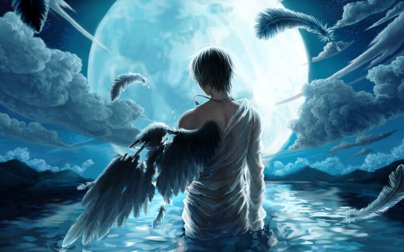 Angel with Black Wings — Blue, Dramatic, Night, Digital Art, Feathers