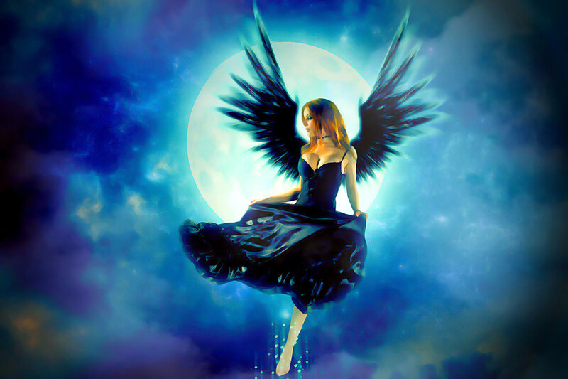 Angel with Black Wings — Blue, Dramatic, Night, Digital Art, Moon