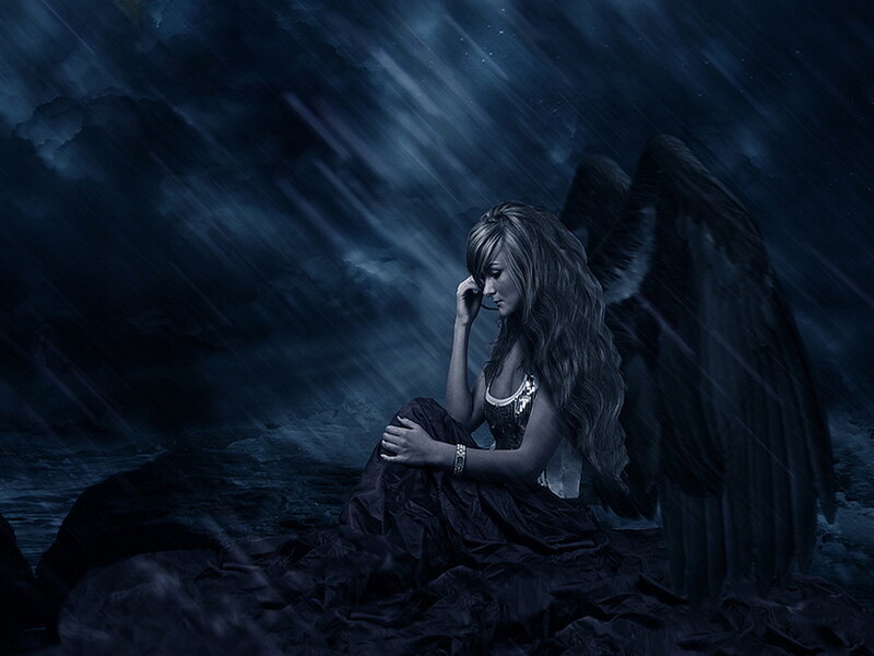 Angel with Black Wings — Blue, Dramatic, Night, Digital Art, Rain