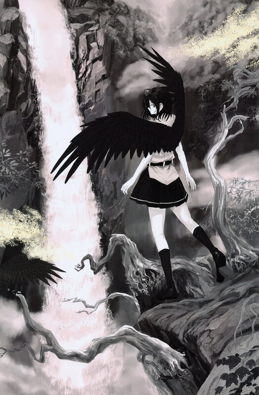 Angel with black wings by waterfall