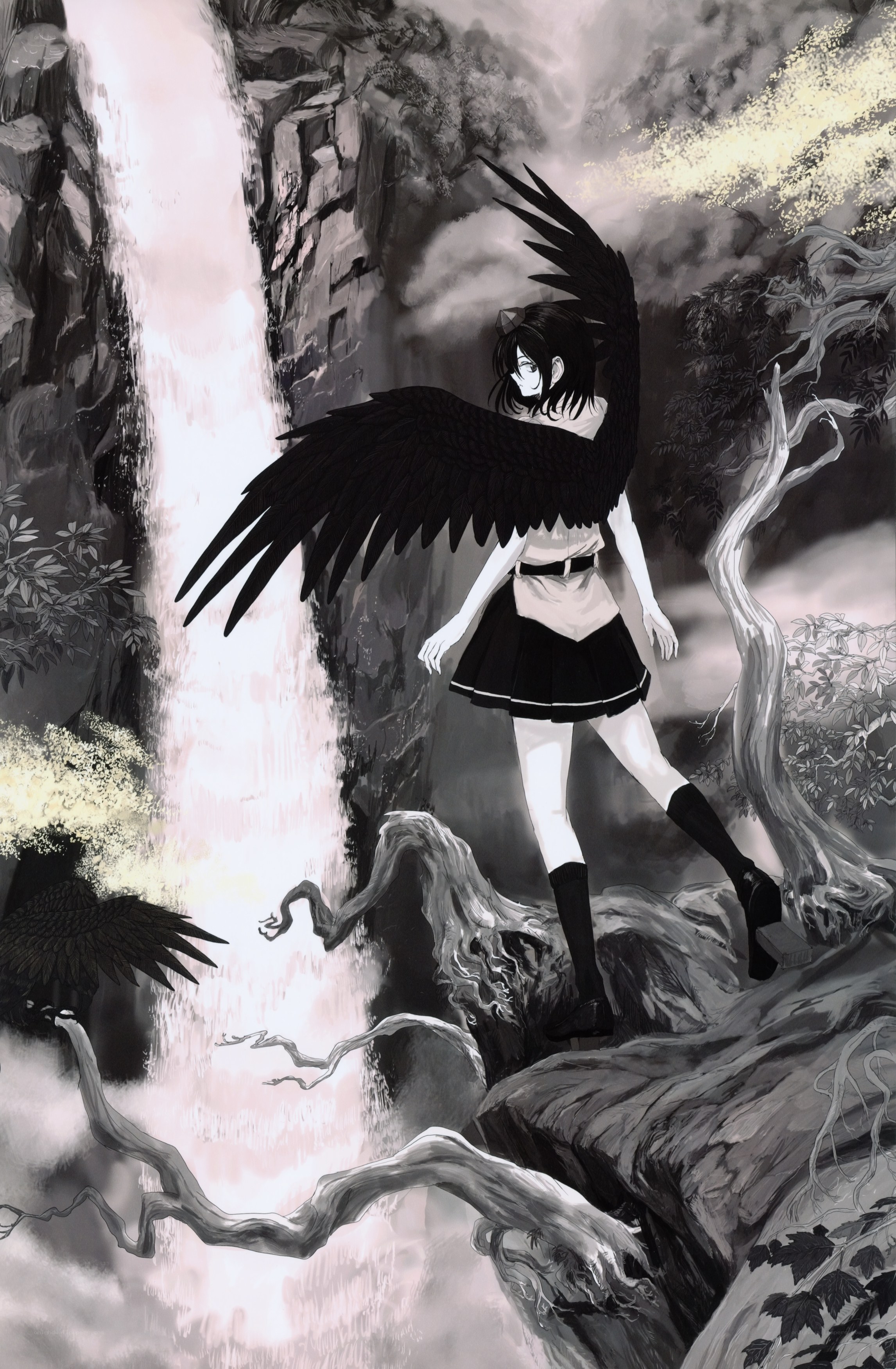 Angel with black wings by waterfall