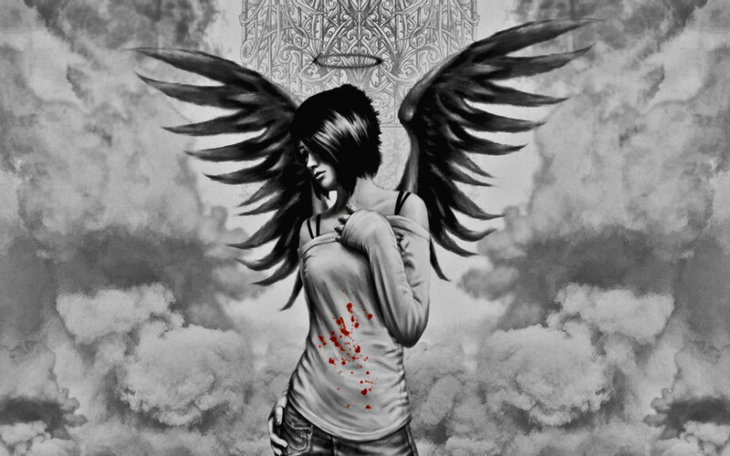 Angel with Black Wings — Dramatic, Digital Art, Blood, Clouds