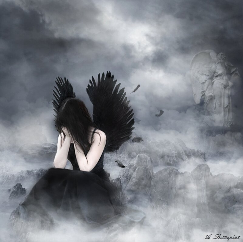 Angel with Black Wings — Dramatic, Digital Art, Clouds, Statue