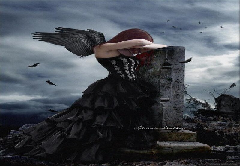 Angel with Black Wings — Dramatic, Digital Art, Crows