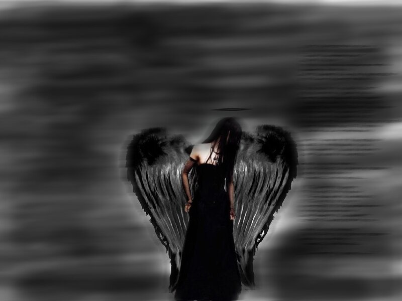 Angel with Black Wings — Dramatic, Digital Art, Dress, Long Hair
