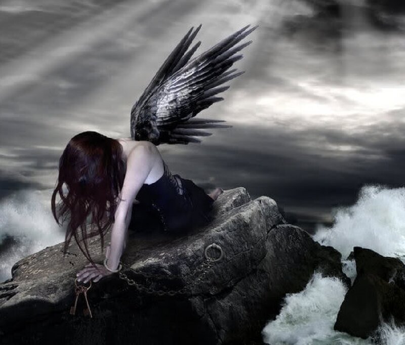 Angel with Black Wings — Dramatic, Digital Art, Rocks