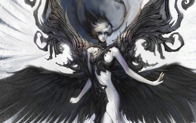 Angel with Black Wings — Dramatic, Digital Art, White Dress, Hair