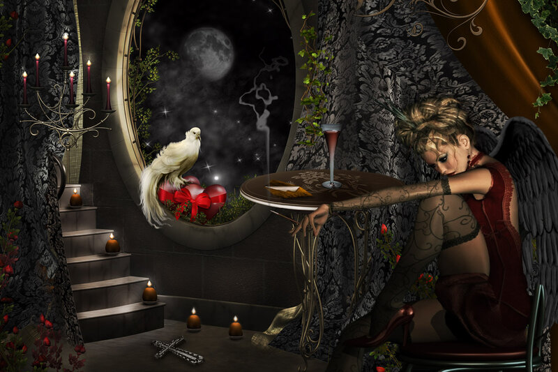 Angel with Black Wings — Dramatic, Night, Digital Art, Candle