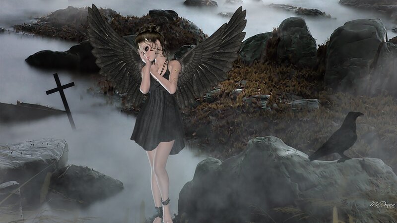 Angel with Black Wings — Dramatic, Night, Digital Art, Cross