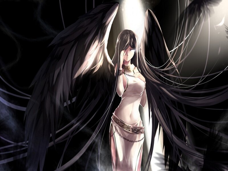 Angel with Black Wings — Dramatic, Night, Digital Art, Dress, Light
