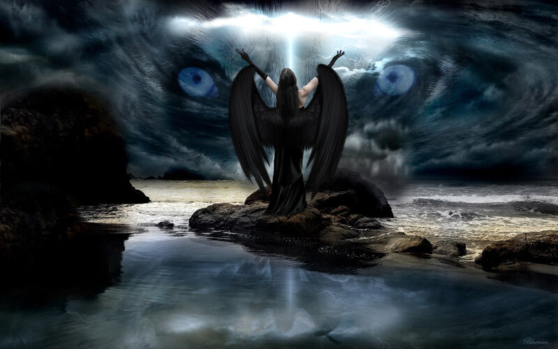 Angel with Black Wings — Dramatic, Night, Digital Art, Eyes