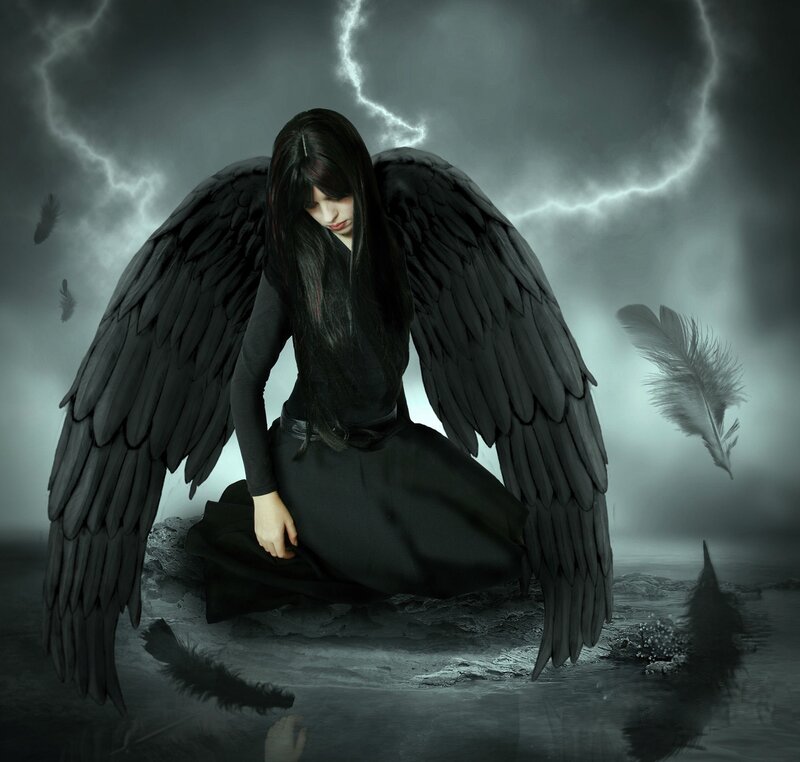 Angel with Black Wings — Dramatic, Night, Digital Art, Feathers, Storm