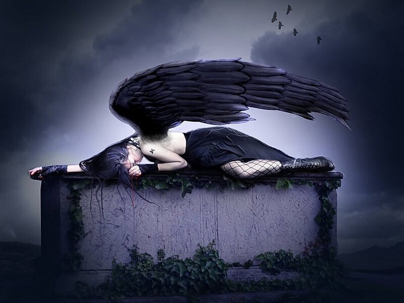 Angel with Black Wings — Dramatic, Night, Digital Art, Gravesite