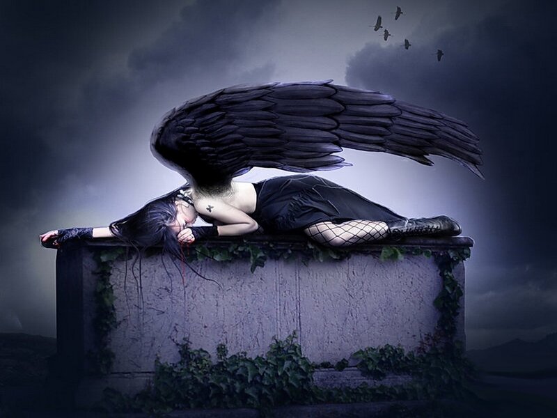 Angel with Black Wings — Dramatic, Night, Digital Art, Gravestone