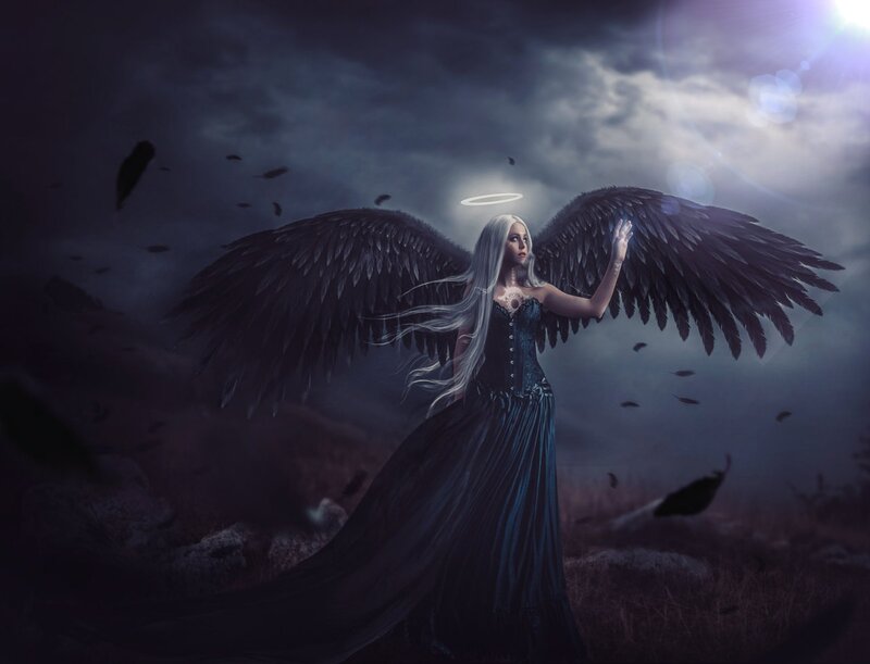 Angel with Black Wings — Dramatic, Night, Digital Art, Halo