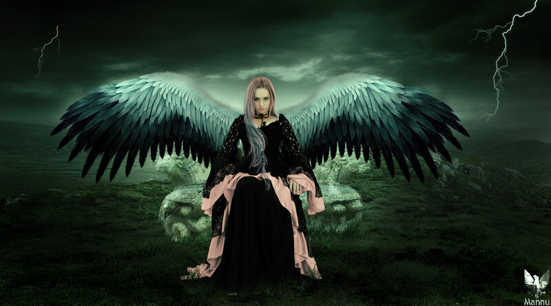Angel with Black Wings — Dramatic, Night, Digital Art, Lightning