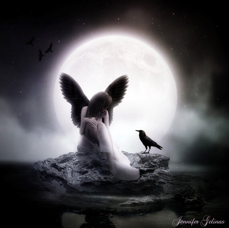 Angel with Black Wings — Dramatic, Night, Digital Art, Moon, Crow