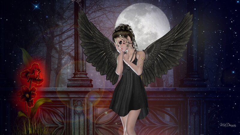 Angel with Black Wings — Dramatic, Night, Digital Art, Moon, Flowers