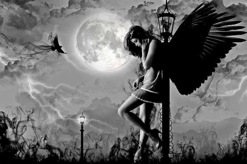 Angel with Black Wings — Dramatic, Night, Digital Art, Moon, Lightning, Bird, Street Lamp