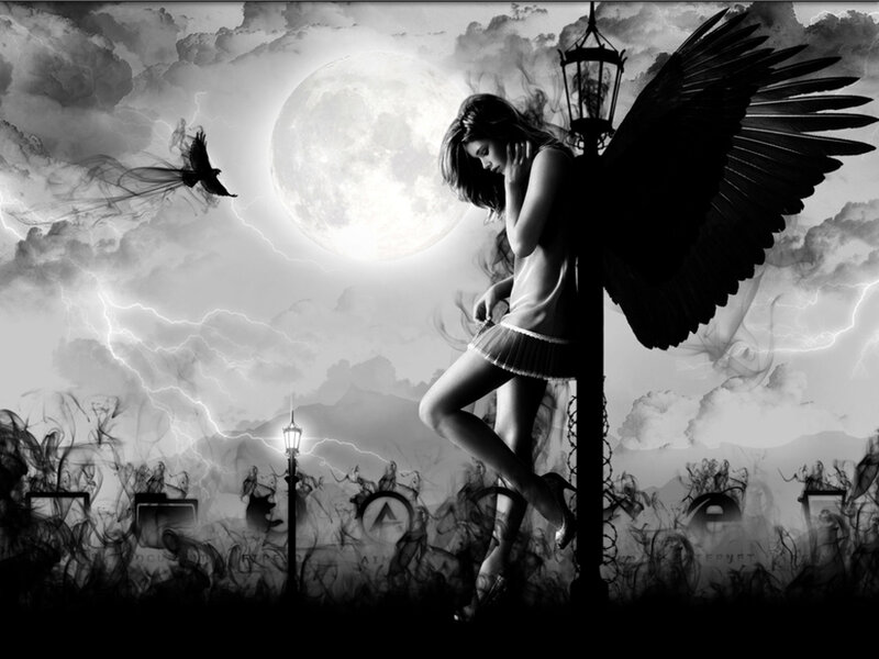 Angel with Black Wings — Dramatic, Night, Digital Art, Moon, Lightning, Bird