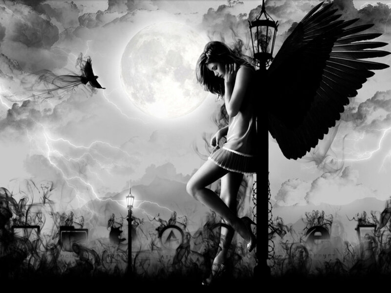 Angel with Black Wings — Dramatic, Night, Digital Art, Moon, Lightning