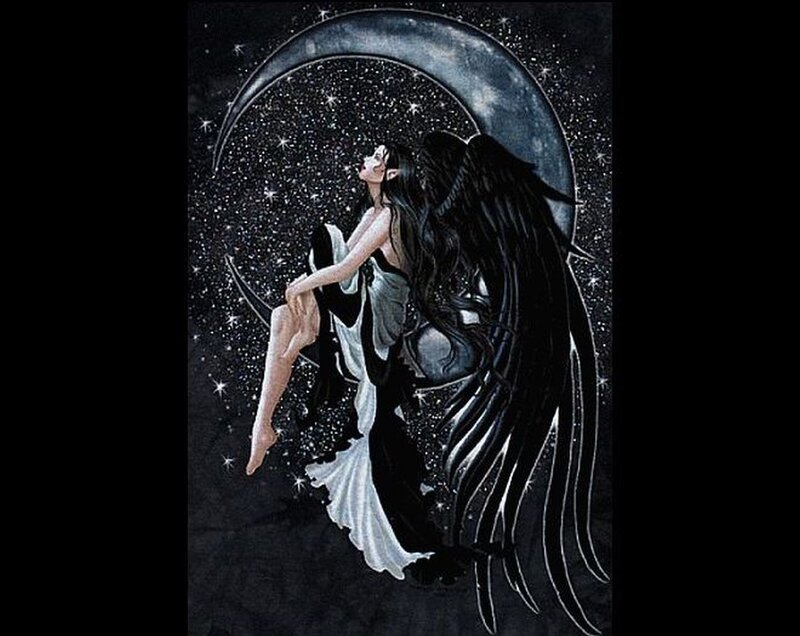 Angel with Black Wings — Dramatic, Night, Digital Art, Moon, Stars