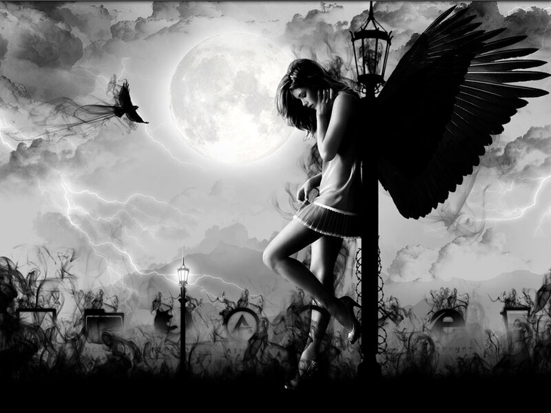 Angel with Black Wings — Dramatic, Night, Digital Art, Moon