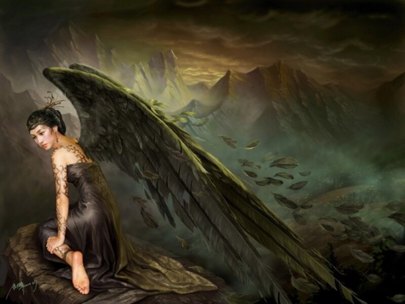 Angel with Black Wings — Dramatic, Night, Digital Art, Mountains