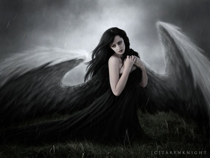 Angel with Black Wings — Dramatic, Night, Digital Art, Rain