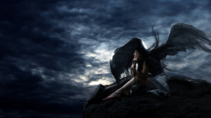 Angel with Black Wings — Dramatic, Night, Digital Art, Rock, Clouds