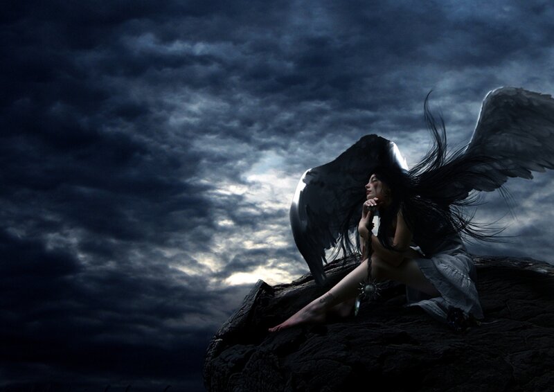 Angel with Black Wings — Dramatic, Night, Digital Art, Rocks, Clouds