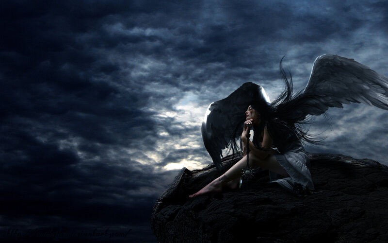 Angel with Black Wings — Dramatic, Night, Digital Art, Rocks