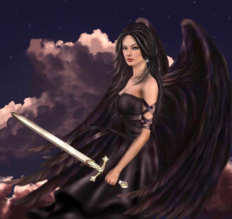 Angel with Black Wings — Dramatic, Night, Digital Art, Sword, Clouds