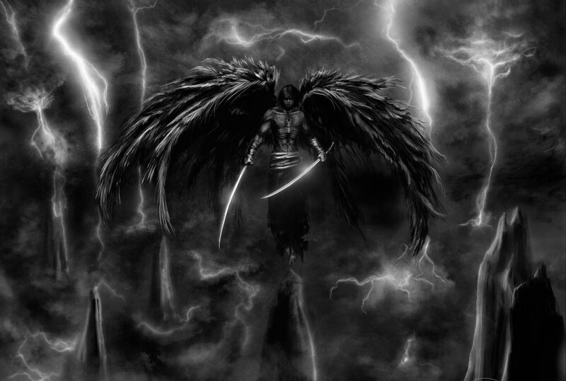 Angel with Black Wings — Dramatic, Night, Digital Art, Swords, Lightning