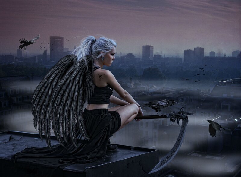 Angel with Black Wings — Dramatic, Sunset, Digital Art, Cityscape