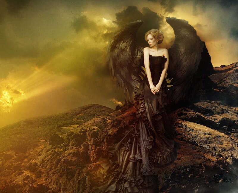 Angel with Black Wings — Dramatic, Sunset, Digital Art, Dress