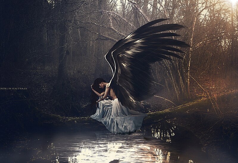 Angel with Black Wings — Dramatic, Sunset, Digital Art, Forest