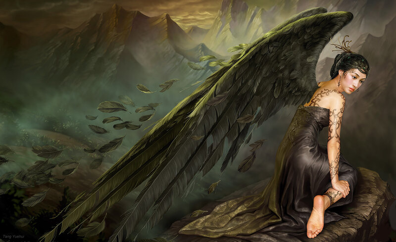 Angel with Black Wings — Dramatic, Sunset, Digital Art, Mountains, Feathers