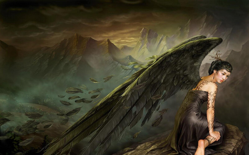 Angel with Black Wings — Dramatic, Sunset, Digital Art, Mountains