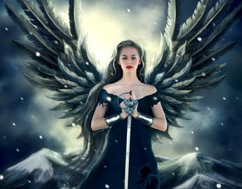 Angel with Black Wings — Dramatic, Winter, Digital Art, Sword