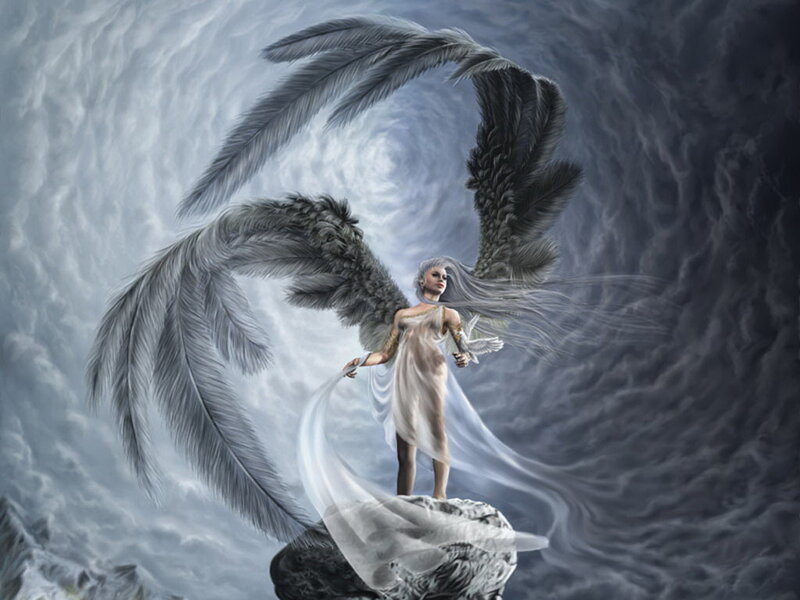 Angel with Black Wings — Gray, Dramatic, Digital Art, Clouds