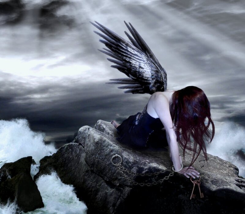 Angel with Black Wings — Gray, Dramatic, Digital Art, Rocks
