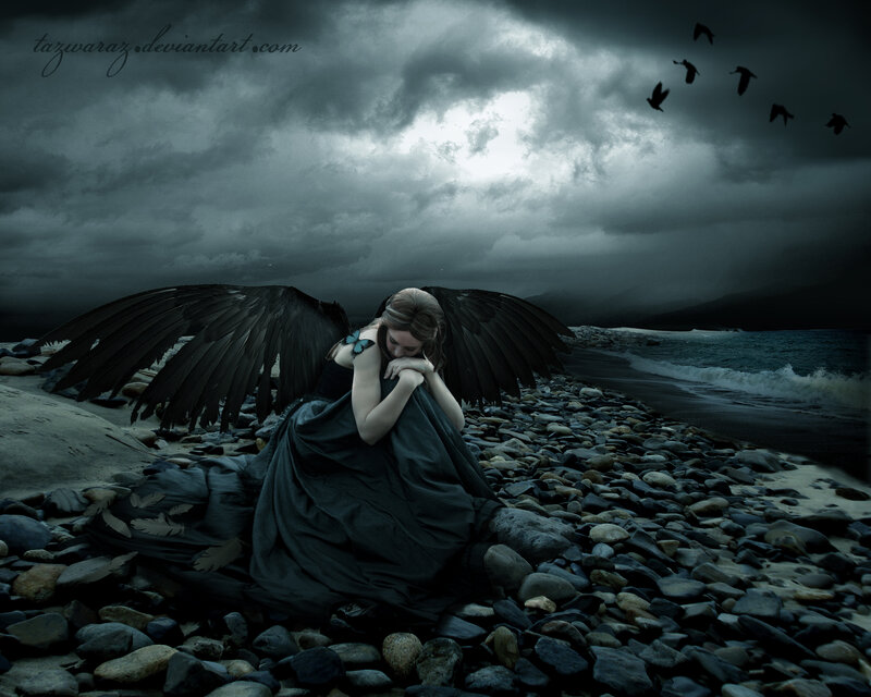 Angel with Black Wings — Gray, Dramatic, Night, Digital Art, Birds