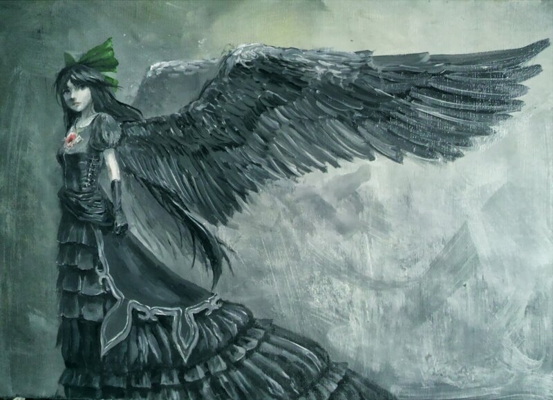 Angel with Black Wings — Gray, Dramatic, Painting
