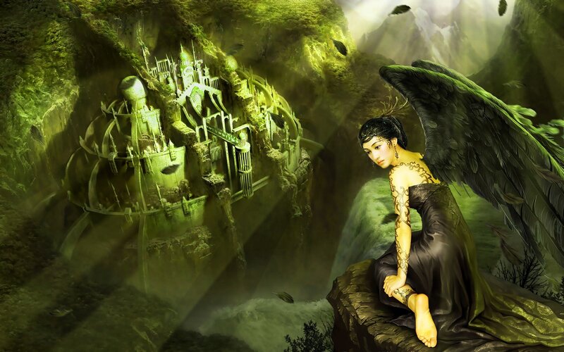 Angel with Black Wings — Green, Dramatic, Digital Art, Castle