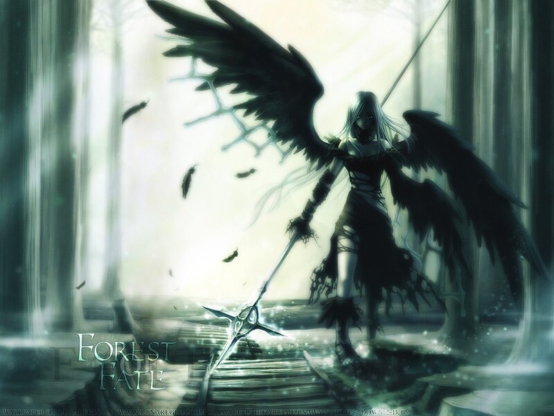Angel with Black Wings — Green, Dramatic, Digital Art, Forest