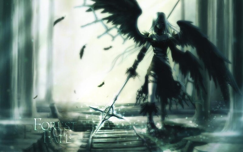 Angel with Black Wings — Green, Dramatic, Digital Art, Sword, Feathers, Forest