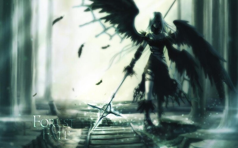 Angel with Black Wings — Green, Dramatic, Digital Art, Sword