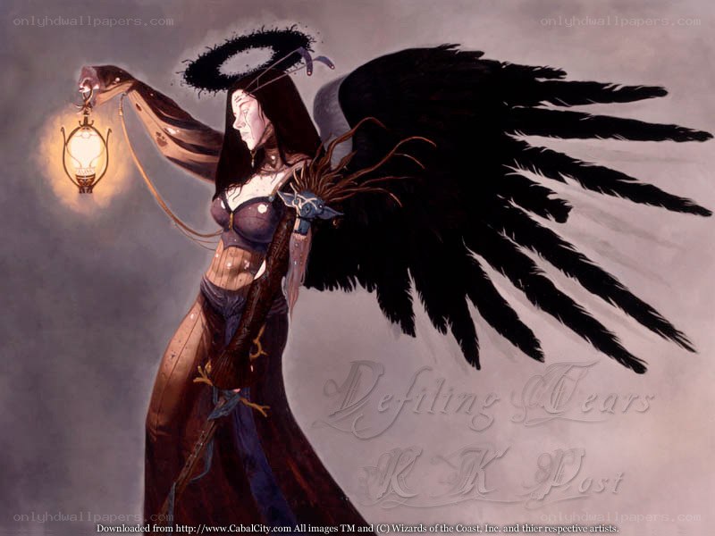 angel with black wings holding lantern